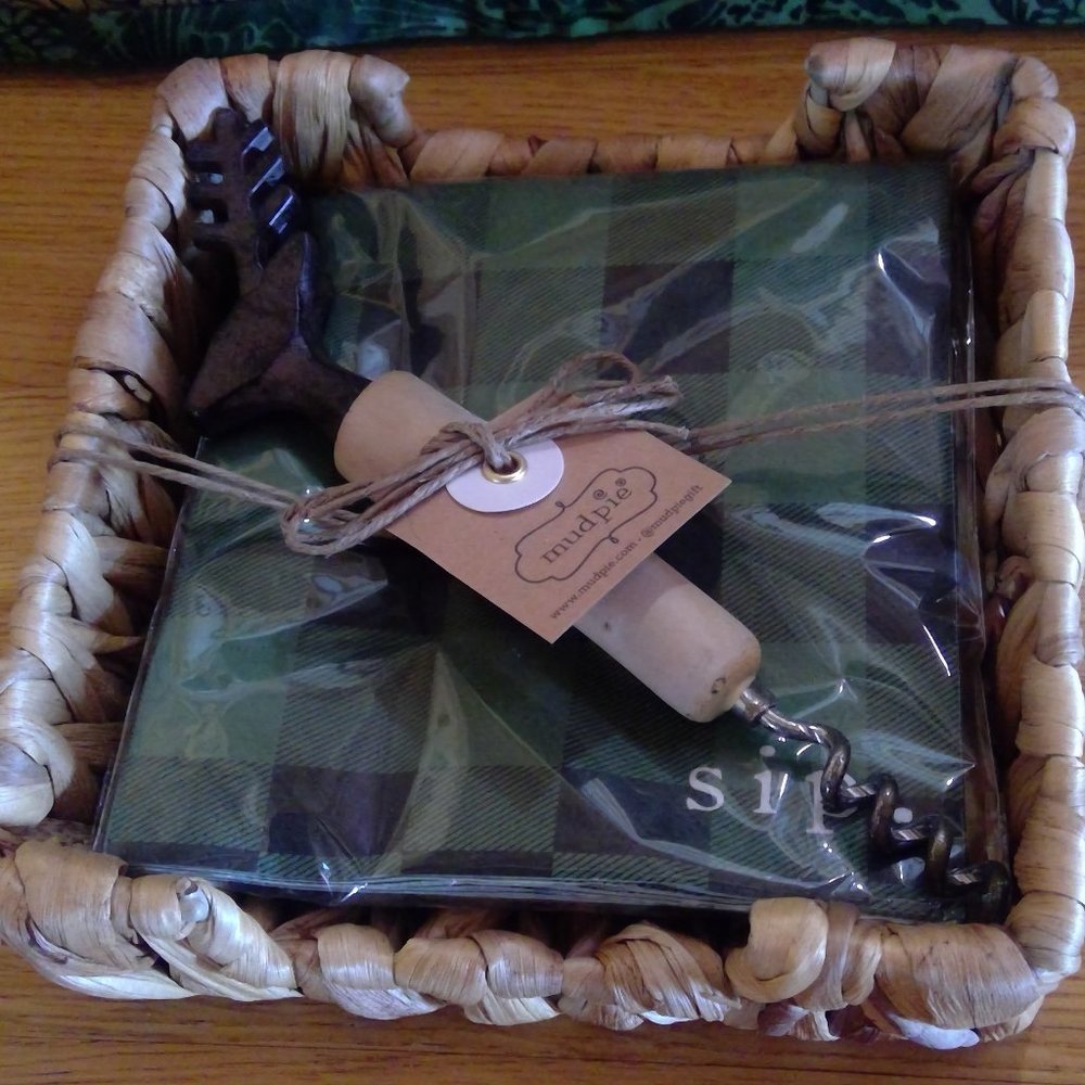 Mud Pie Sip Napkins in Basket and corkscrew opener with deer